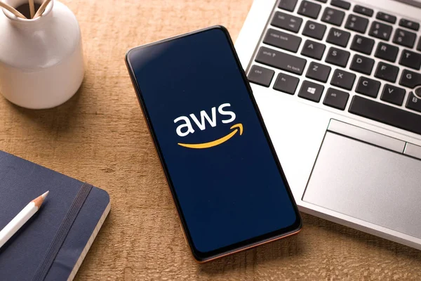 West Bangal, India - December 05, 2021 : Amazon Web Services logo on phone screen stock image.