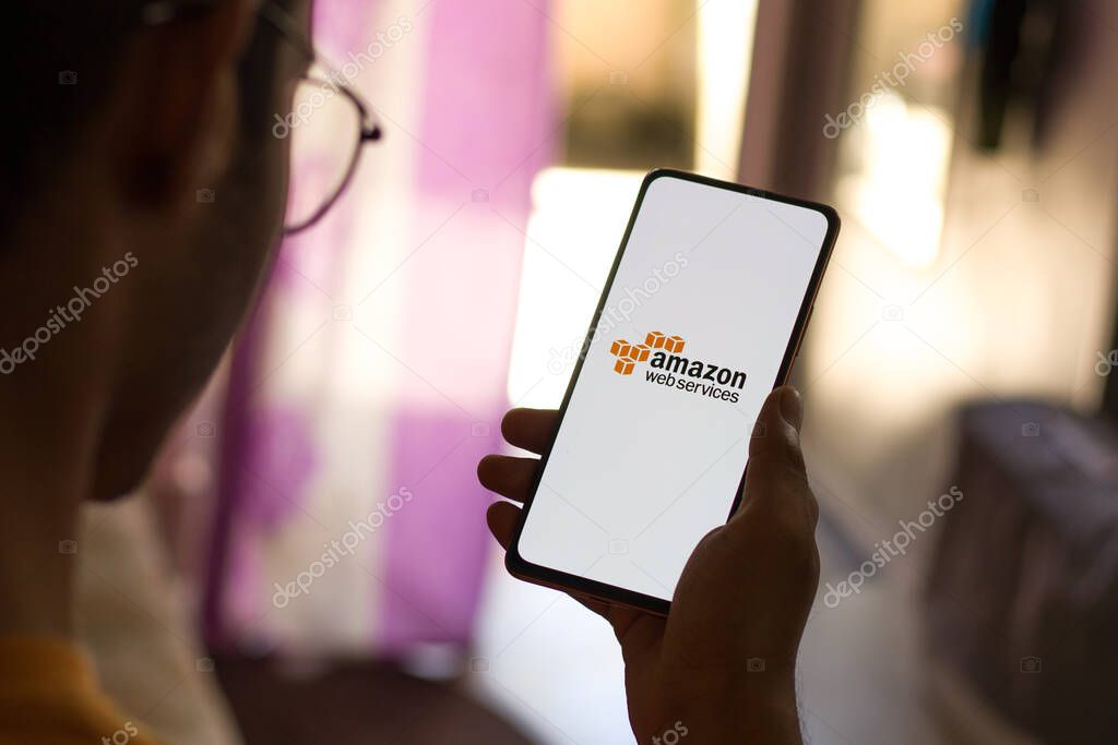 West Bangal, India - December 05, 2021 : Amazon Web Services logo on phone screen stock image.