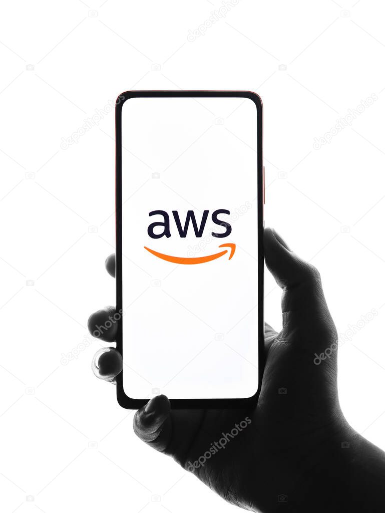 West Bangal, India - December 05, 2021 : Amazon Web Services logo on phone screen stock image.
