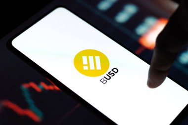Batı Bangal, Hindistan - 4 Şubat 2022: Telefon ekranı görüntüsünde Binance USD logosu.
