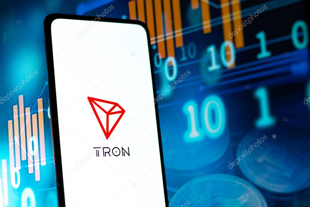 West Bangal, India - February 4, 2022 : TRON logo on phone screen stock image.