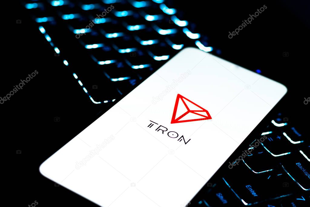West Bangal, India - February 4, 2022 : TRON logo on phone screen stock image.