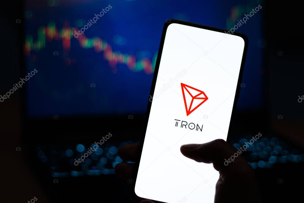 West Bangal, India - February 4, 2022 : TRON logo on phone screen stock image.