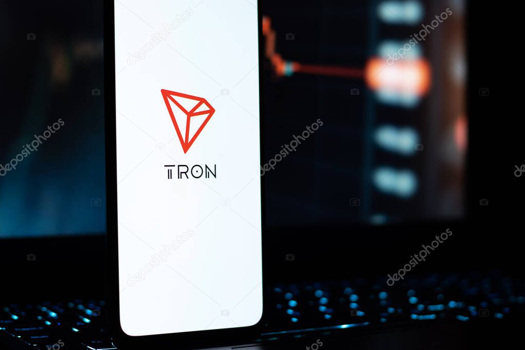 West Bangal, India - February 4, 2022 : TRON logo on phone screen stock image.