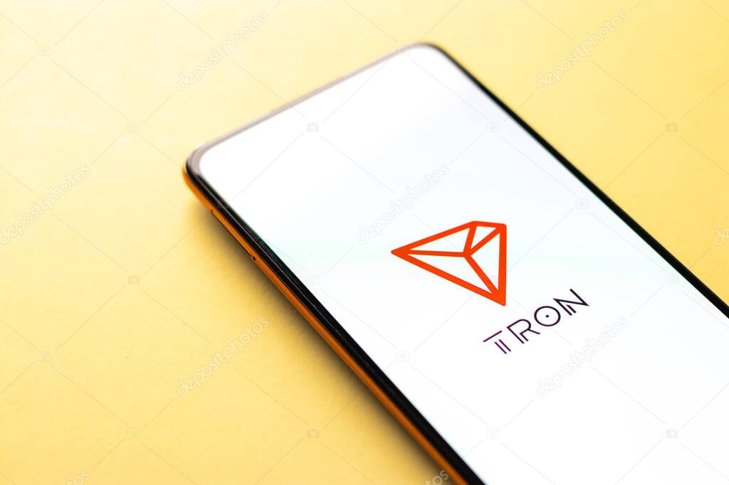 West Bangal, India - February 4, 2022 : TRON logo on phone screen stock image.