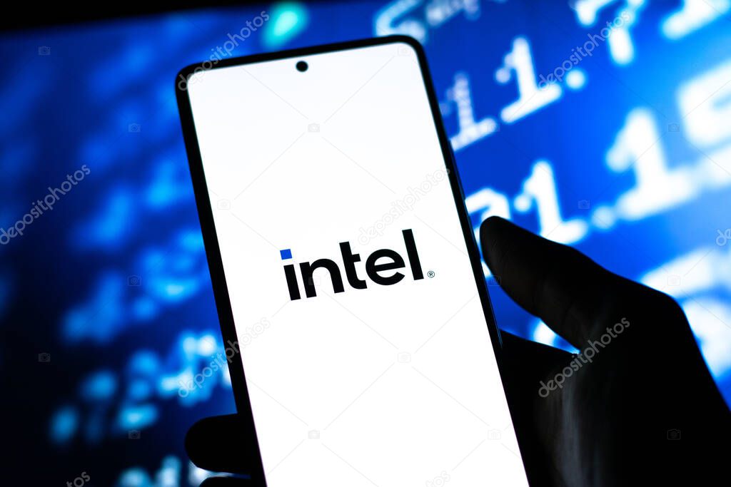 West Bangal, India - April 20, 2022 : Intel logo on phone screen stock image.