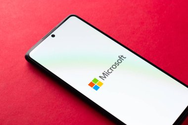 West Bangal, India - April 20, 2022 : Microsoft Corporation logo on phone screen stock image.