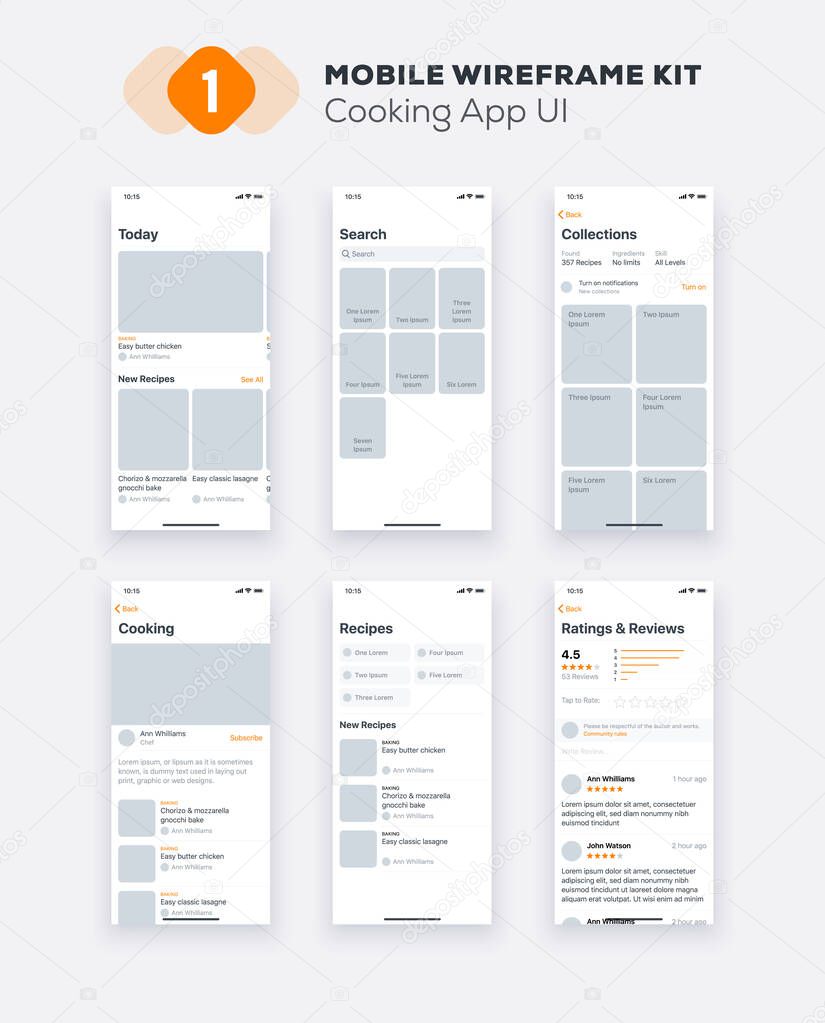 UI Mobile app. Cooking UX, GUI design elements. Mobile application template layout.