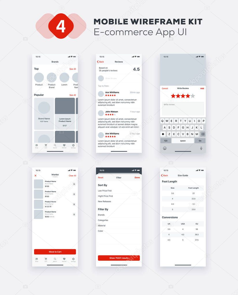 E-commerce Mobile application design. UI, UX, GUI design elements. Business mobile app interface template.