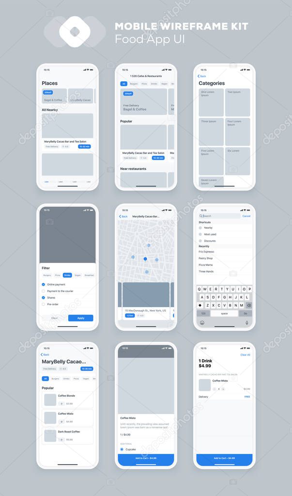 Mobile app design. UI UX wireframe kit for smartphone. New OS screens.