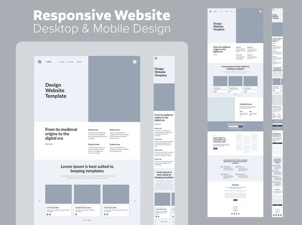 Progettazione Siti Web Desktop Reattivo Wireframe Mobile — Vettoriale Stock