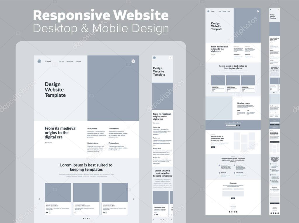 Website design. Responsive desktop and mobile wireframe.