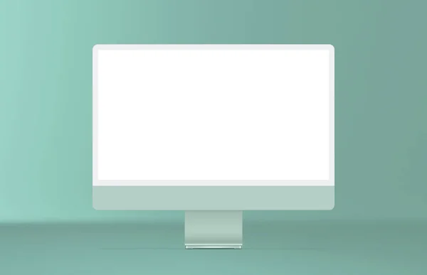 背景にマウスとキーボードを備えた新しいデスクトップコンピュータディスプレイ 現代の空白のフラットモニター画面 正面図 — ストック写真