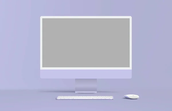 New Desktop Computer Display Mouse Keyboard Background Modern Blank Flat — Stockfoto