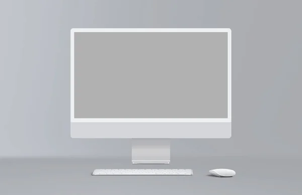 背景にマウスとキーボードを備えた新しいデスクトップコンピュータディスプレイ 現代の空白のフラットモニター画面 正面図 — ストック写真