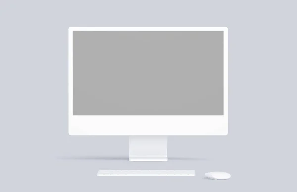 背景にマウスとキーボードを備えた新しい粘土デスクトップコンピュータディスプレイ 現代の空白のフラットモニター画面 正面図 — ストック写真