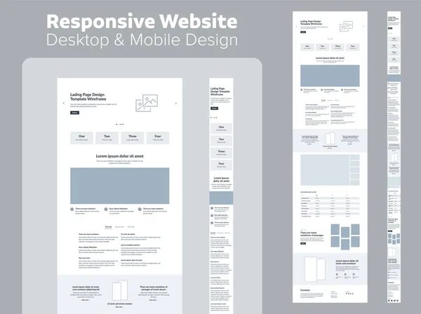 Website Ontwerp Bureaublad Mobiel Draadframe Sjabloon Voor Landingspagina Middelen — Stockvector