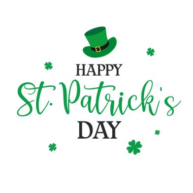 Mutlu Aziz Patrick Günleri tasarım konsepti. El yazısı tipografi vektör çizimi tasarımı. Aziz Patrick leprikonunun şapkası ve yonca logosu şablonu.