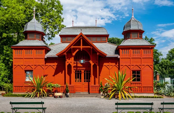 Colorful old fashioned exhibition pavilion at the Zagreb Botanical Garden