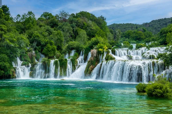 Bathers and nature buffs are drawn to this spectactulaar dispaly of stepped waterfalls at Krka National Park