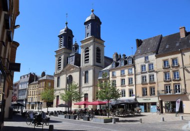SEDAN, FRANCE, 6 AUGUST 2022: View of Place d'Armes and St. Charles Church in Sedan. Sedan is a popular tourist destination in the Ardennes department of France.
