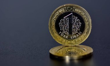 13 Eylül 2021 İzmir, hindi. Siyah arka planda metal Türk lirası resimleri. Haber amaçlı bir fotoğraf.