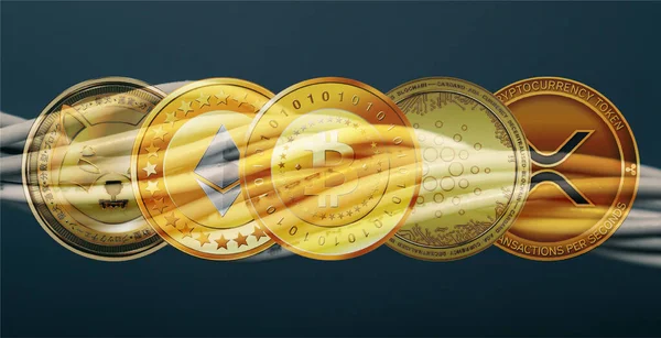Una Imagen Las Monedas Virtuales Sobre Fondo Negro — Foto de Stock