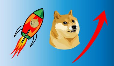 Mavi arka planda roket ve dogecoin logosu. Sarı köpek. resimlerComment.