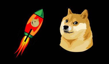 Siyah arka planda roket ve dogecoin logosu. Sarı köpek. resimlerComment.