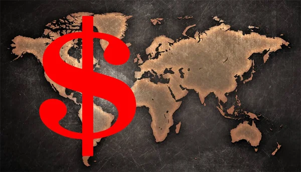 Logotipo Dólar Vermelho Fundo Mapa Mundial Ilustração — Fotografia de Stock