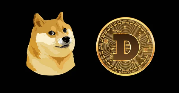 Maskotka Monety Dogecoin Wizerunek Waluty Wirtualnej Czarnym Tle Ilustracje — Zdjęcie stockowe