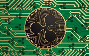 Elektrik devrelerinin arka planındaki sanal para birimlerinin logoları. resimlerComment