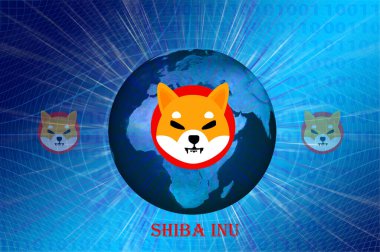 Dijital arka planda Shiba inu sanal para birimi logolarının görüntüleri. 3d illüstrasyon.