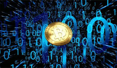 Dijital arkaplanda bitcoin sanal para birimi görüntüleri. 3d illüstrasyon.