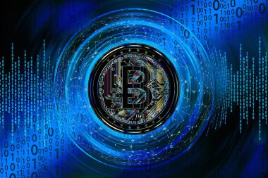 Dijital arkaplanda bitcoin sanal para birimi görüntüleri. 3d illüstrasyon.