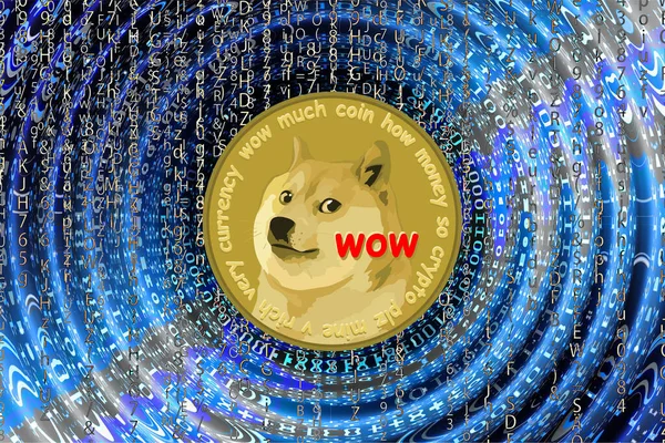在数字背景上的Dogecoin虚拟货币图像 3D说明 — 图库照片