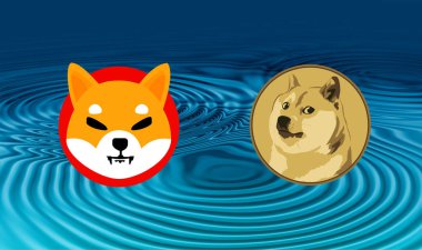 Shiba inu ve dogecoin sanal para birimi görselleri soyut bir arkaplanda. 3d illüstrasyon.