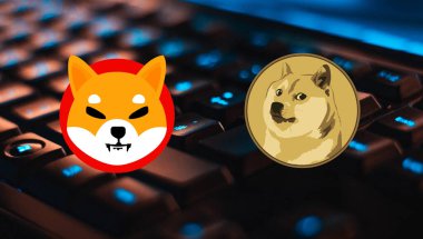 Shiba inu ve dogecoin sanal para birimi görselleri soyut bir arkaplanda. 3d illüstrasyon.