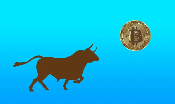 Toro Bitcoin Imágenes Moneda Virtual Sobre Fondo Azul Ilustraciones — Foto de Stock