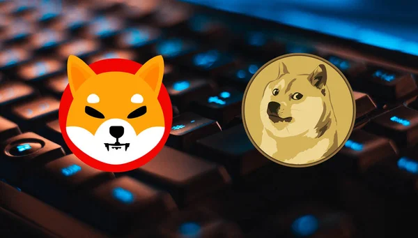 Shiba Inu Und Dogecoin Virtuelle Währung Visuals Auf Einem Abstrakten — Stockfoto