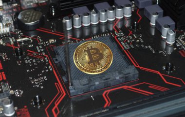 Dijital arkaplandaki bitcoin logosunun görüntüleri. 3d illüstrasyon.