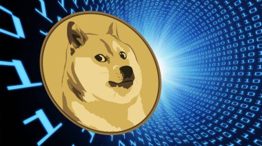 Sayısal arkaplanda dogecoin sanal para birimi resimleri. 3d illüstrasyon.