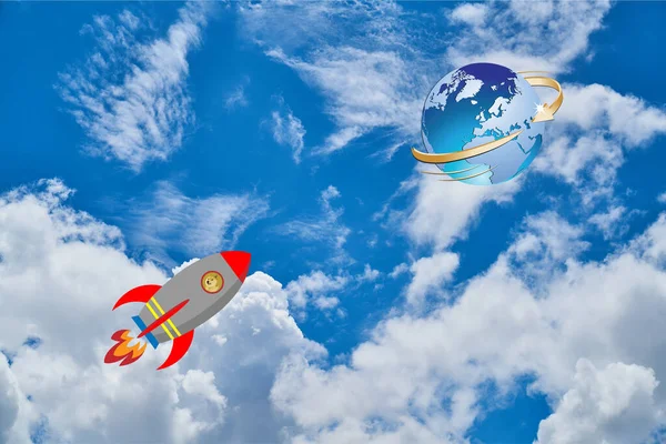 Una Imagen Cohete Con Logotipo Dogecoína Cielo Ilustraciones — Foto de Stock