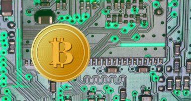 Dijital arkaplandaki bitcoin logosunun görüntüleri. 3d illüstrasyon.