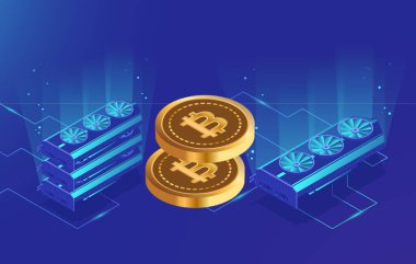 Dijital arkaplandaki bitcoin logosunun görüntüleri. 3d illüstrasyon.