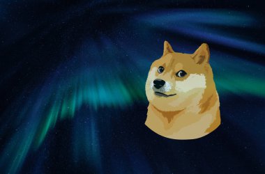 Siyah arka planda bir dogecoin maskotu ve sanal para birimi görüntüsü. resimlerComment.