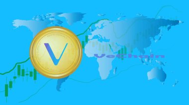 the image of the vechain virtual currency on a digital background. 3d drawings.