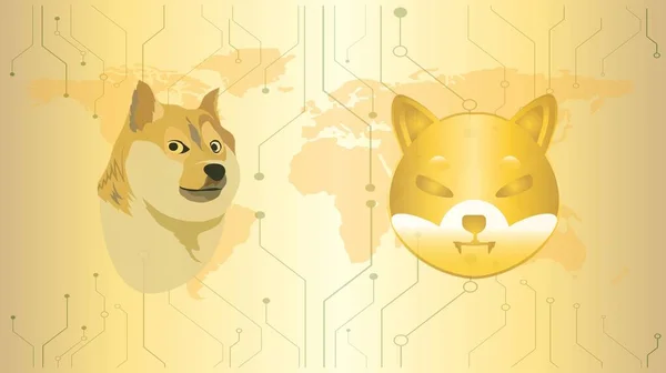 柴犬とドージコイン仮想通貨の映像を抽象的な背景で 3Dイラスト — ストック写真