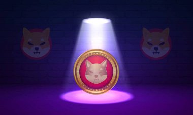 Shiba renkli arka planda sanal para birimi görselleri. 3d illüstrasyon.