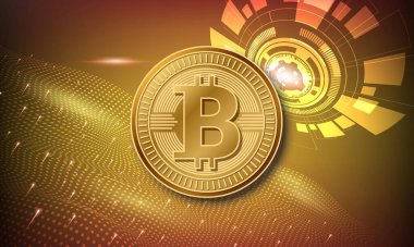 Dijital arkaplandaki bitcoin logosunun görüntüleri. 3d illüstrasyon.